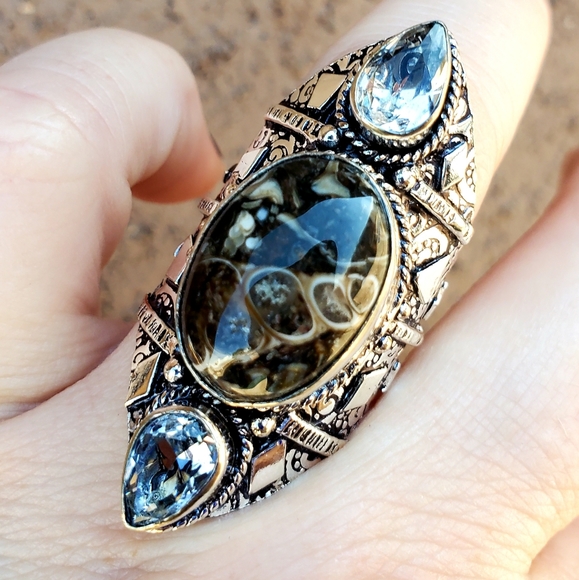 New Turtella Agate Fossil & White Topaz 925 Silver Statement Ring. - Picture 11 of 16